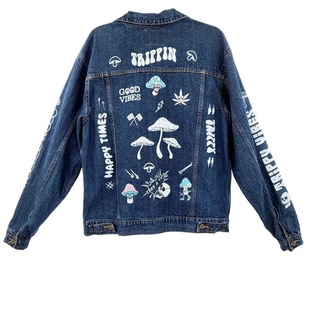 Eighty Eight Blue Jean 420 Don't Trip Stay Trippy Trucker Jacket Men's Size L